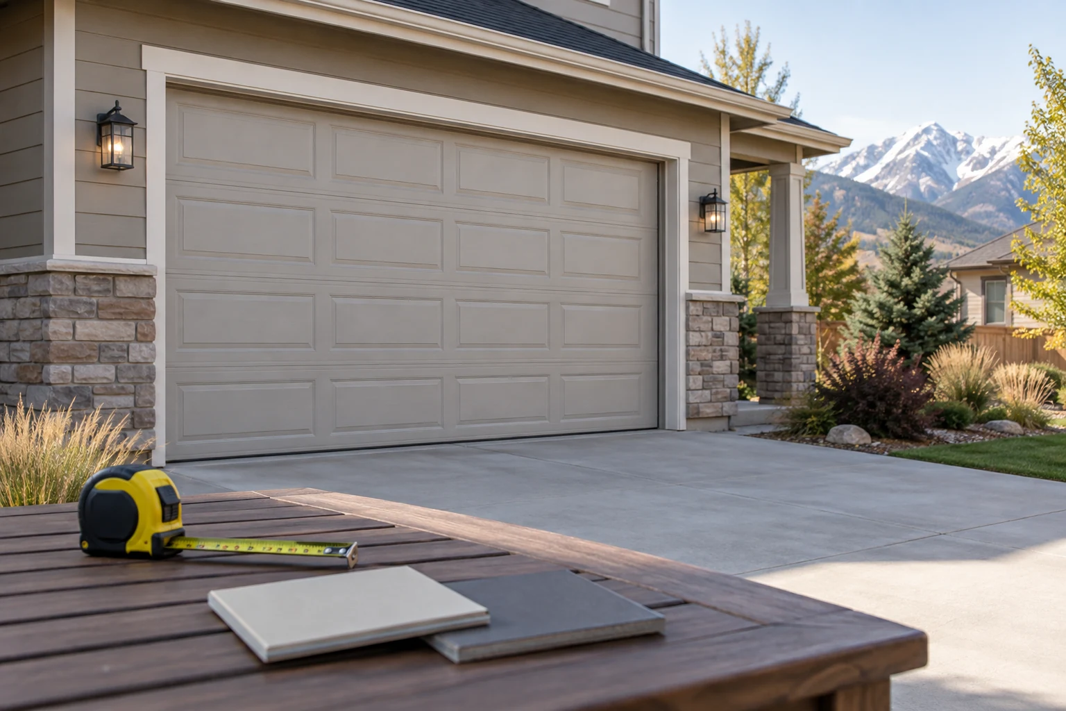Illustrative unbranded sectional garage door sample beside an empty measurement sheet