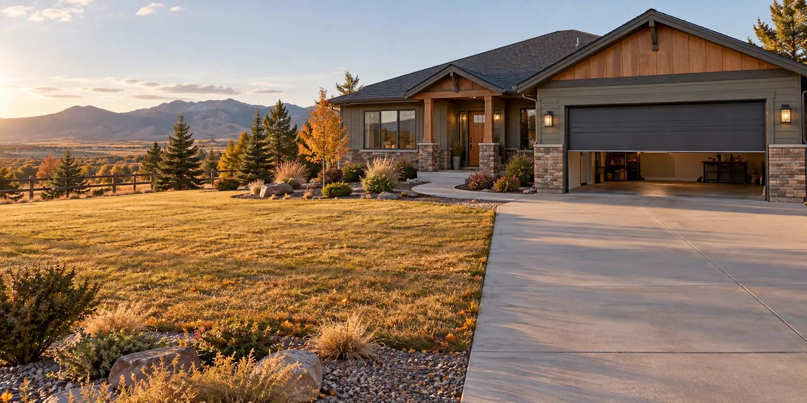 Colorado Front Range ranch home with an attached two-car garage and half-open garage door in late-afternoon light