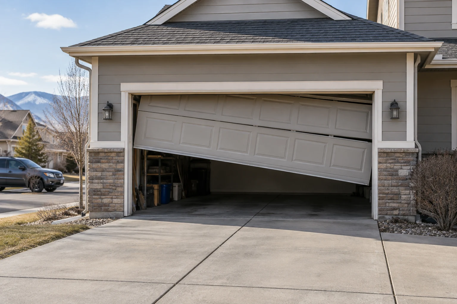 Illustrative crooked garage door seen from a safe distance outside a Colorado home